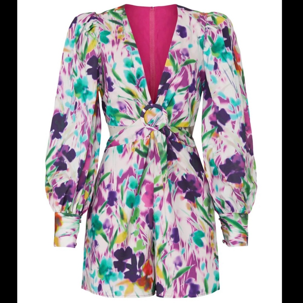 Women's Multicolor Floral V-Neck Long Sleeve Mini Dress with Ring Detail